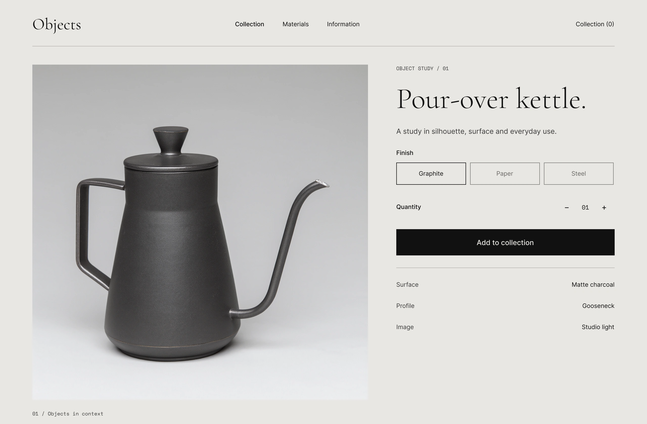 A product interface for a charcoal kettle, with considered typography and finish-selection controls.